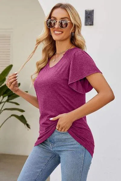 Smocked Round Neck Flutter Sleeve T-Shirt Women's T-Shirts - Tophatter Daily Deals